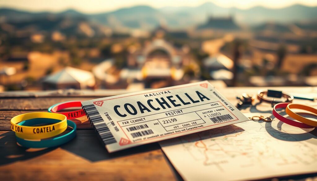 Elegant Coachella festival ticket lying on a wooden table, illuminated by warm, natural lighting. The ticket is surrounded by assorted festival memorabilia, such as brightly colored wristbands, temporary tattoos, and a map of the festival grounds. The background features a blurred, out-of-focus image of the Coachella Valley, evoking the serene desert landscape that frames the iconic music event. The overall composition conveys the excitement and anticipation of attending the Coachella festival, while also hinting at the broader costs and logistics involved in planning the trip.