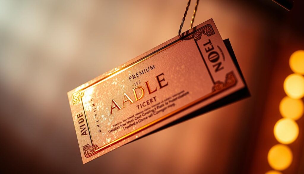 Elegant VIP tickets to Adele's concert, suspended against a soft, blurred background. The premium passes are printed with an eye-catching, iridescent foil pattern, reflecting the opulent atmosphere of the VIP experience. Intricate gold detailing and a subtle embossed logo convey the exclusivity of these high-end tickets. Warm, dramatic lighting casts dramatic shadows, creating a sense of anticipation and excitement. The camera angle captures the tickets in a low, dramatic perspective, emphasizing their importance and value. An overall mood of luxury, sophistication, and the anticipation of an unforgettable Adele performance. Elegant VIP tickets to Adele's concert, suspended against a soft, blurred background. The premium passes are printed with an eye-catching, iridescent foil pattern, reflecting the opulent atmosphere of the VIP experience. Intricate gold detailing and a subtle embossed logo convey the exclusivity of these high-end tickets. Warm, dramatic lighting casts dramatic shadows, creating a sense of anticipation and excitement. The camera angle captures the tickets in a low, dramatic perspective, emphasizing their importance and value. An overall mood of luxury, sophistication, and the anticipation of an unforgettable Adele performance.