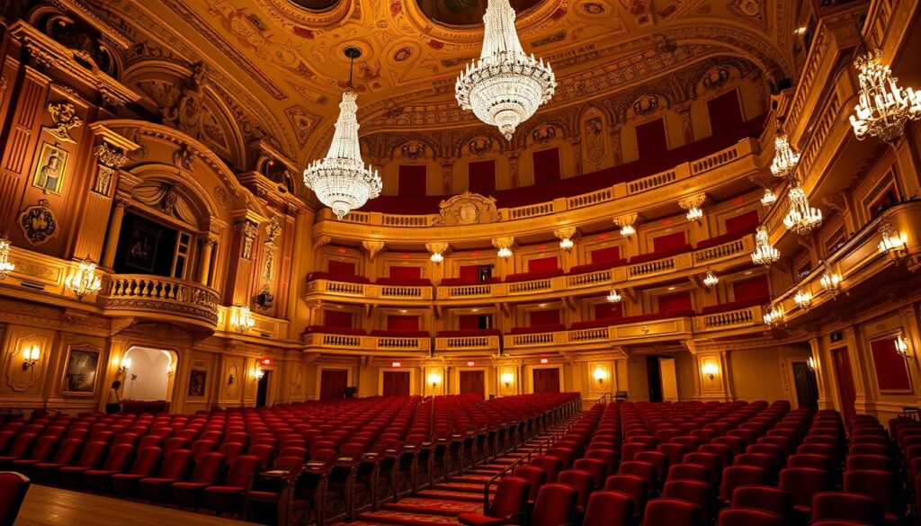 Elegant Vienna concert hall at night, illuminated by soft, warm lighting. Ornate golden decor and crystal chandeliers set the stage for a prestigious New Year's concert. Rows of plush red seats await the arrival of concertgoers, their tickets in hand. A grand staircase leads up to the main entrance, its intricate architecture hinting at the opulence within. The atmosphere is one of refined elegance and anticipation, setting the perfect scene for a memorable celebration of the new year through the power of classical music.