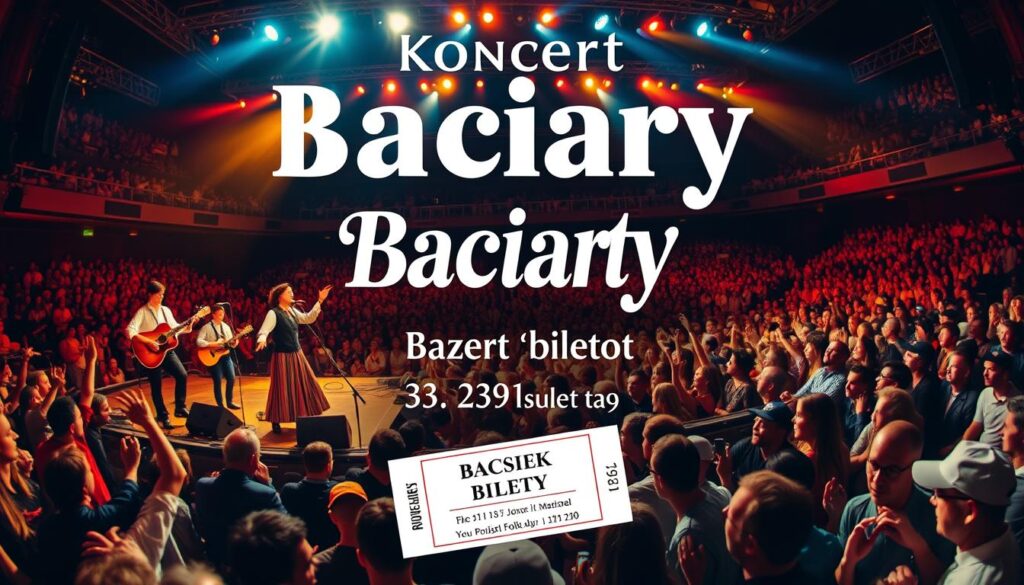 Koncert Baciary bilety - a vibrant concert poster featuring the renowned Polish folk band Baciary. The foreground showcases the band members on stage, performing with infectious energy against a backdrop of warm stage lighting. The middle ground highlights the event details, with the concert title and ticket information displayed prominently. In the background, a crowd of enthusiastic fans fills the concert hall, creating an atmosphere of excitement and anticipation. The image is captured with a wide-angle lens, conveying the scale and grandeur of the event. The overall mood is one of celebration, cultural heritage, and the anticipation of a memorable musical experience.
