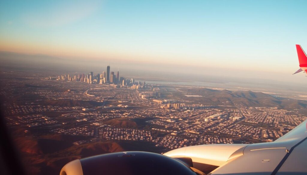 Lush aerial vista of Los Angeles skyline from a commercial airliner's window, bathed in warm evening light. Distinct silhouettes of skyscrapers and neighborhoods sprawling across the landscape, with the iconic Hollywood sign visible in the distance. The image should convey a sense of anticipation and discovery, as if the viewer is about to embark on a journey to this vibrant city. Crisp focus, rich colors, and a cinematic composition that highlights the scale and dynamism of the metropolis below.