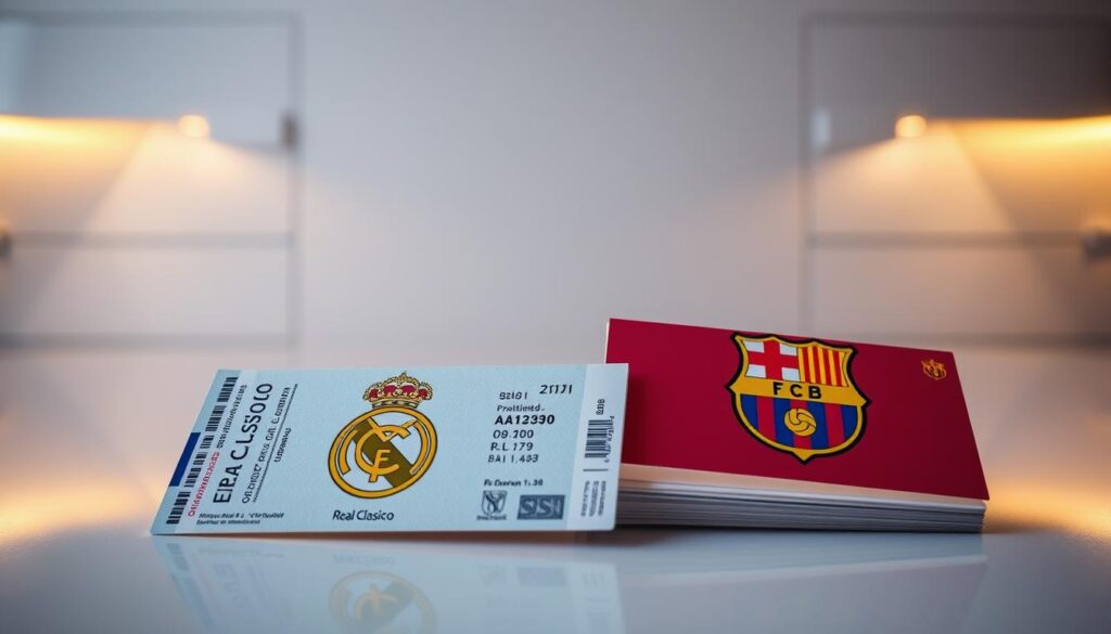 Tickets for El Clasico, the iconic football match between Real Madrid and Barcelona, displayed on a clean, modern surface. In the foreground, the tickets are shown with vibrant colors and intricate designs, conveying a sense of exclusivity and prestige. The middle ground features a minimalist background, allowing the tickets to take center stage. Subtle lighting casts a warm, inviting glow, creating a premium, high-quality atmosphere. The overall composition emphasizes the official, authorized nature of the tickets, reflecting the section title "Gdzie kupić bilety na El Clasico: oficjalne kanały sprzedaży" (Where to buy El Clasico tickets: official sales channels).