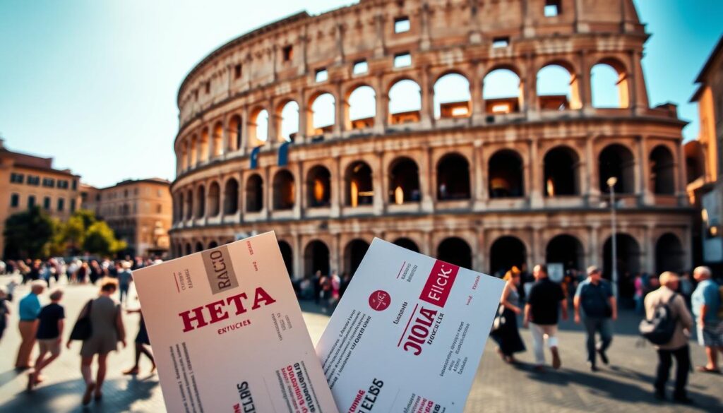 Tickets to the Colosseum, an iconic Roman landmark, gleaming in the warm Mediterranean sunlight. A foreground of crisp, detailed ticket stubs in varying colors, showcasing the diversity of official entry options. The middle ground features the towering stone facade of the Colosseum, its grandeur and history palpable. In the background, a bustling piazza with people navigating the various entry points, highlighting the accessible yet organized nature of purchasing Colosseum tickets. The scene conveys a sense of anticipation and excitement, ready to transport the viewer to the heart of ancient Rome.
