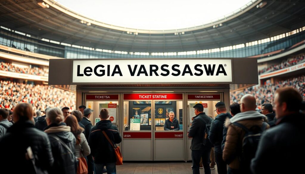 Wide shot of a ticket office at a sports stadium, with a queue of people waiting to purchase tickets. The ticket booth has a prominent sign reading "Legia Warszawa" and the windows are staffed by friendly ticket sellers. The background is blurred, but we can see the stadium's exterior and the crowd of fans milling about. The lighting is warm and natural, capturing the excitement and anticipation of the event. The composition draws the eye to the central ticket booth, emphasizing the ease and accessibility of purchasing tickets for the match. Wide shot of a ticket office at a sports stadium, with a queue of people waiting to purchase tickets. The ticket booth has a prominent sign reading "Legia Warszawa" and the windows are staffed by friendly ticket sellers. The background is blurred, but we can see the stadium's exterior and the crowd of fans milling about. The lighting is warm and natural, capturing the excitement and anticipation of the event. The composition draws the eye to the central ticket booth, emphasizing the ease and accessibility of purchasing tickets for the match.
